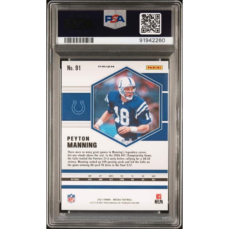 Peyton Manning 2021 Panini Mosaic Reactive Blue Football Card #91 Graded PSA 10 - 8'6" x 11'6"