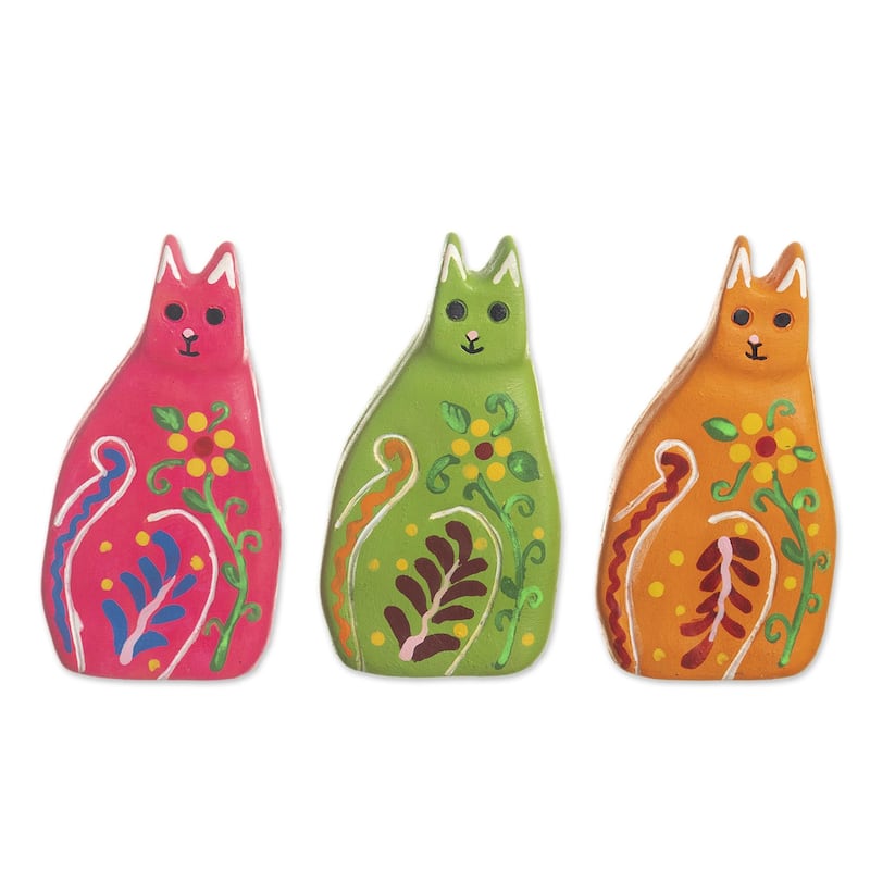 Novica Handmade Colorful Cats Ceramic Figurines (Set Of 3)