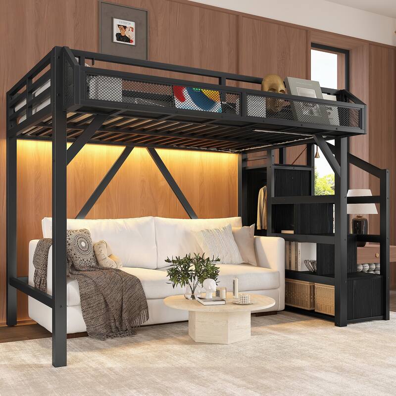 Roomfitters Metal Loft Bed with Wardrobe and Storage Stairs, LED Lights and USB - Black+Natural - Twin XL