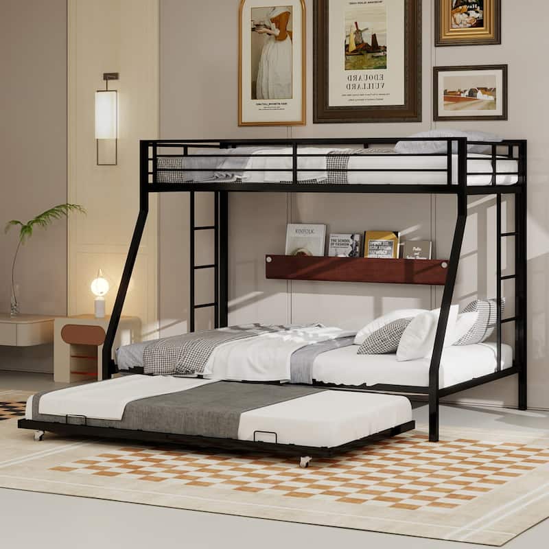 Modern Square Tube Bunk Bed with Ladder and Rolling Trundle Bed - Black - Queen