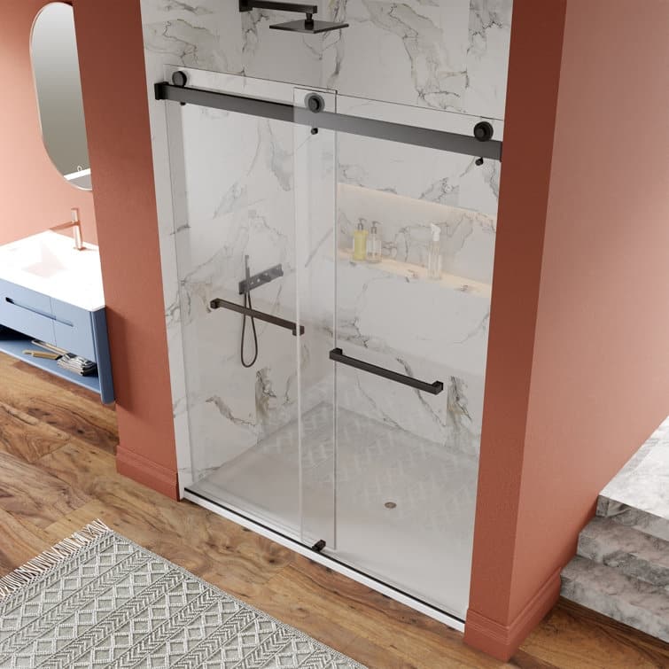 DeerValley 56" - 60" W x 76" H Double Sliding Frameless Shower Enclosure, Stainless Steel Accessories