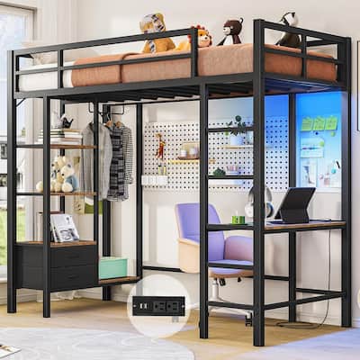 Loft Bed with Desk Gaming Bunk Bed LED Lights Charging Station
