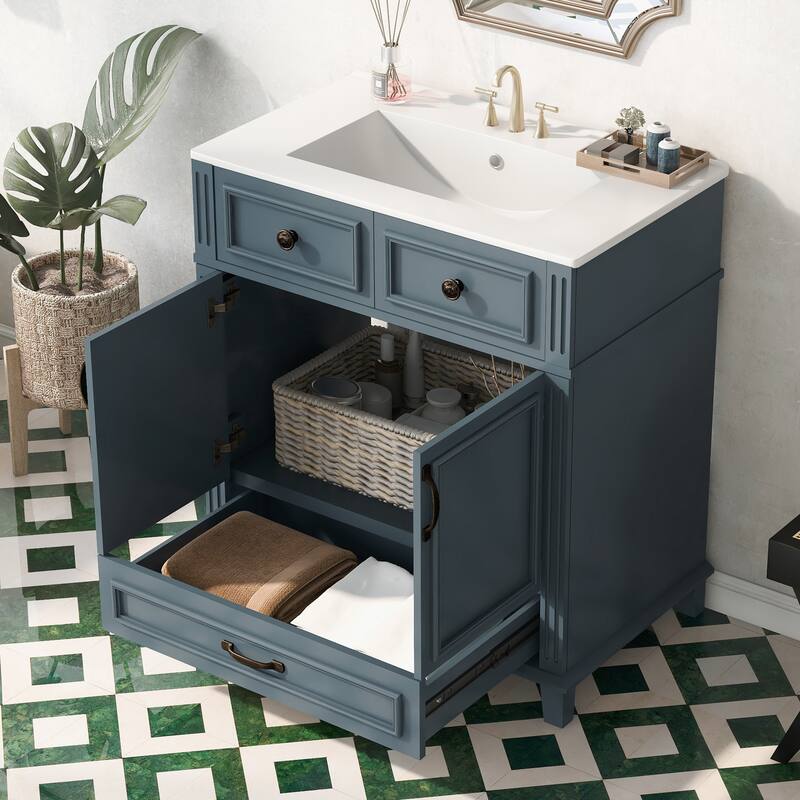 Bathroom Vanity with Resin Sink, Bathroom Cabinet with Soft Closing Doors, Bathroom Vanity Set with Solid Wood Frame
