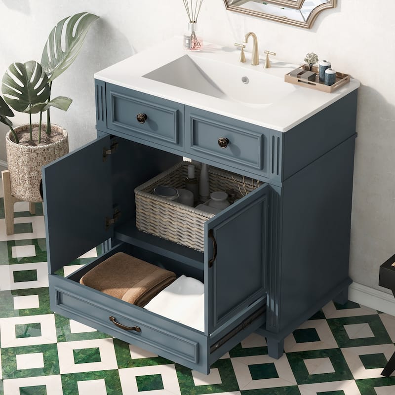 GDFStudio - Meriden Retro Bathroom Vanity with Ceramic Sink and Soft-Closing Storage Doors - 29.37'W