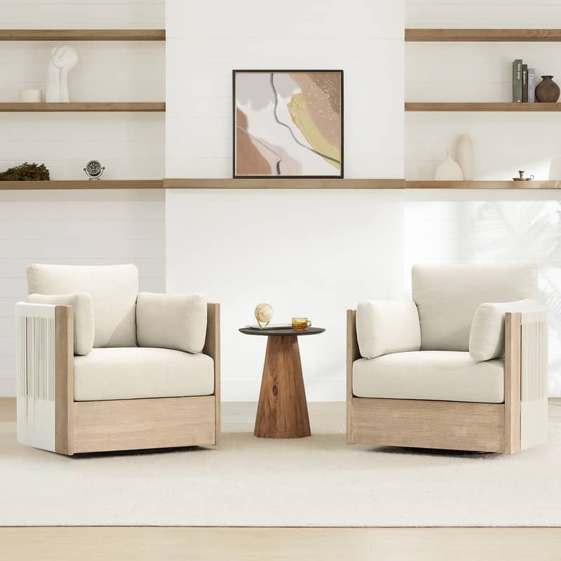 Khloe Modern Swivel Woven Accent Chair with Arm Pillows & Solid Wood Frame for Living Room - Set of 2 - Beige