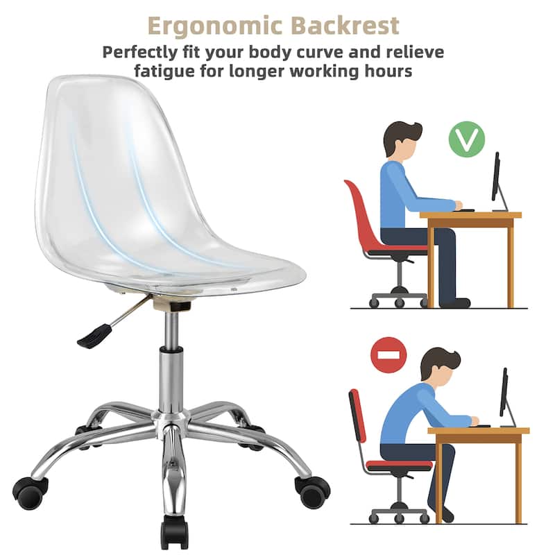 Costway Rolling Acrylic Armless Office Chair Swivel Vanity Chair - 21'' x 18.5'' x 30.5''-34.5''(L x W x H)
