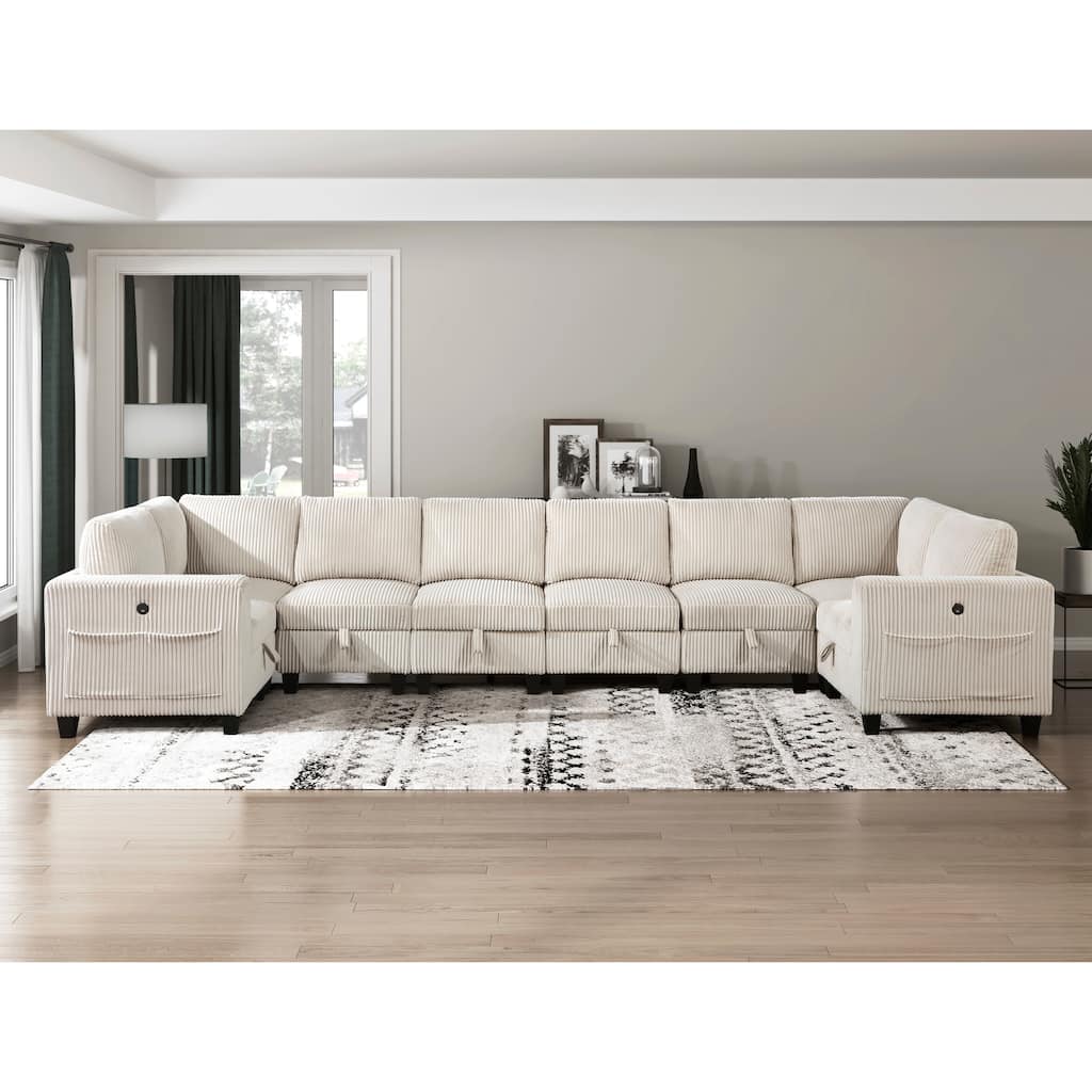 8-Piece Modular Sectional Couch with Storage, Pockets, Ports, Beige Corduroy, Solid Wood Frame