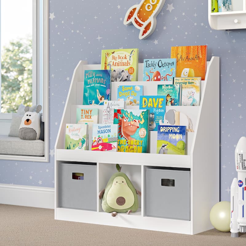 RiverRidge Kids Playroom Bookrack with 3 Toy Organizer Cubbies and 4 Book Shelves - White with Optional Bins - White with 2 Gray Bins