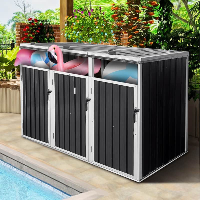 77 Cu.Ft Outdoor 3 Trash Cans Storage，Lockable Garbage Bin Storage, Galvanized Steel Storage Waterproof in Grey - Black