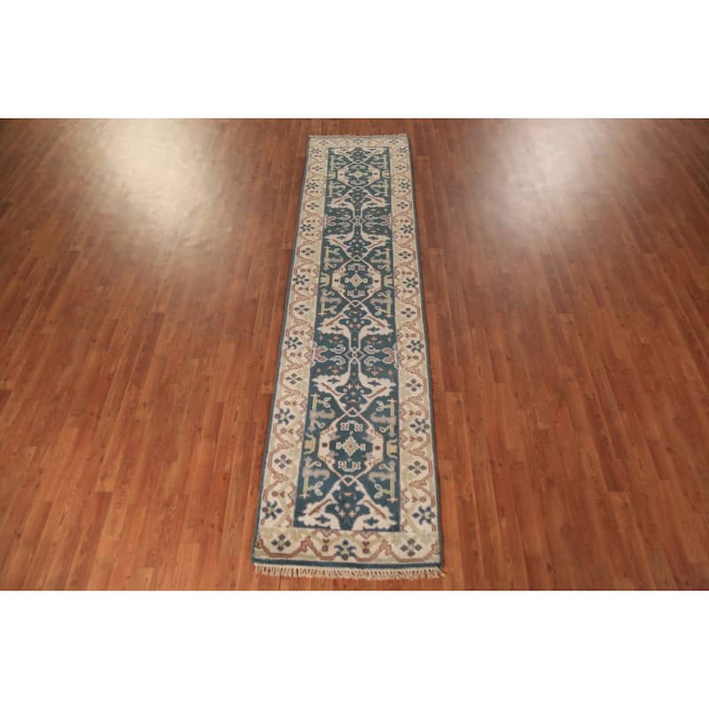 Transitional Blue Oushak Runner Rug Hand-Knotted Wool Carpet - 2'5" x 9'11"