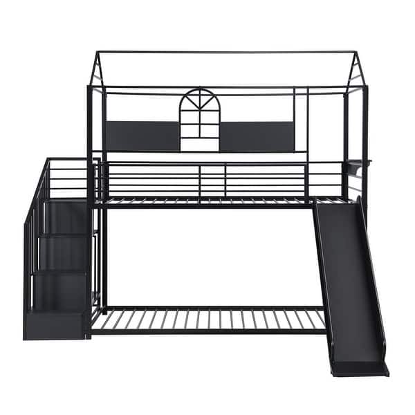 slide 2 of 13, Metal Floor Bunk Bed with Slide & Steps for Kids, Twin Over Twin Size Black - Twin