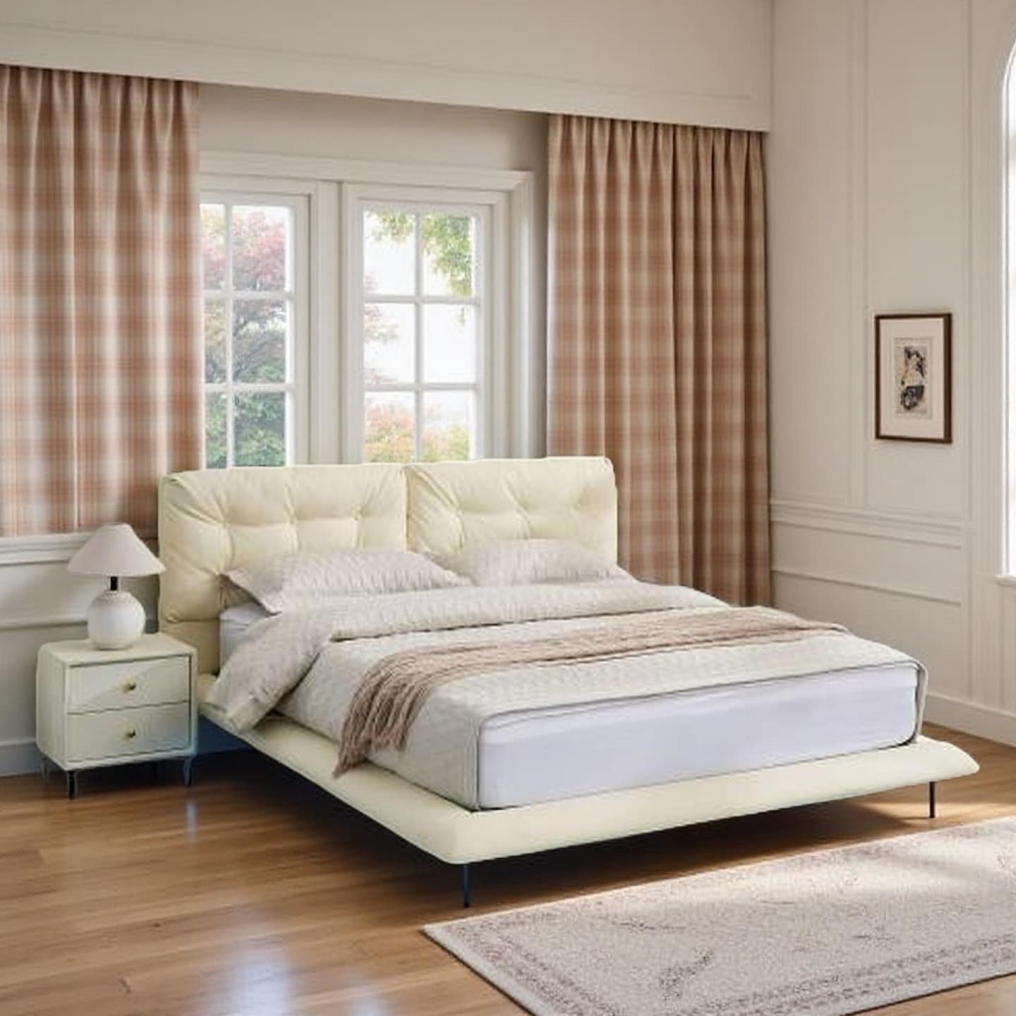 Queen Size Floating PU Leather Bed Frame with Button-Tufted Headboard, LED Strip Lighting, No Box Spring Needed