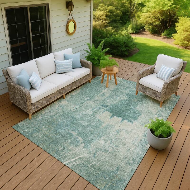 Machine Washable Indoor/ Outdoor Abstract Modern Chantille Rug - Teal - 3' x 5'