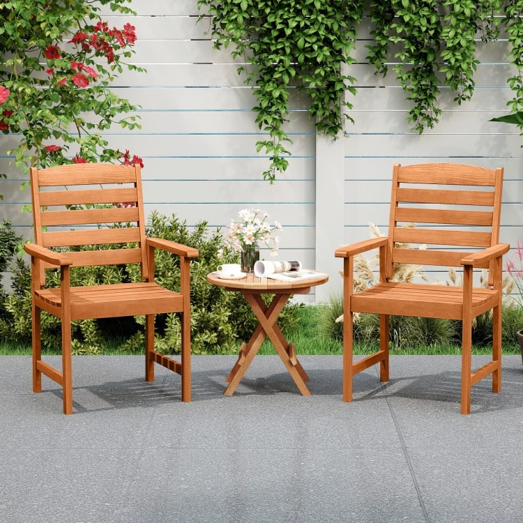 Natural Wood Patio Armchairs Set of 2 with Ergonomic Backrest and Slatted Seat - 26" x 24" x 36"