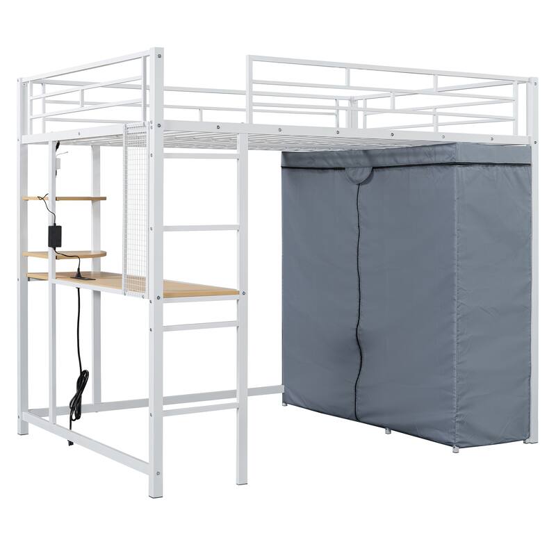 Full Size Loft Metal Bed with Built-in Desk, Power Outlet, LED Light, Wardrobe & Shelves for Space-Saving Living