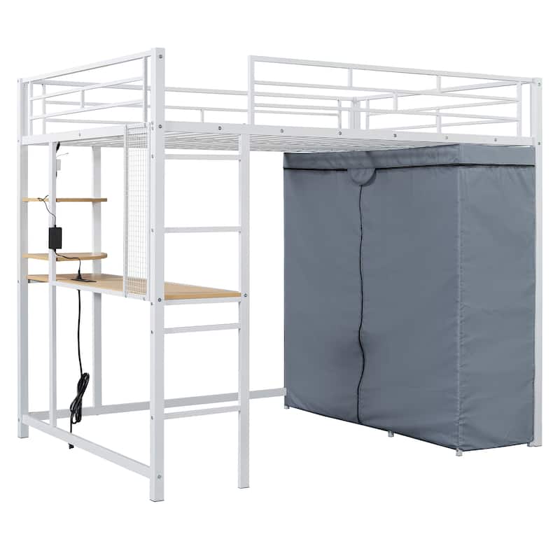LED Twin Metal Loft Bed Heavy Duty Bed with Desk, Shelves, Power Outlet