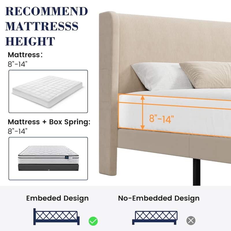 Platform Bed Frame with Upholstered Wingback Headboard