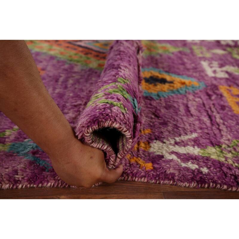 Purple Geometric Plush Moroccan Area Rug Hand-Knotted Wool Carpet - 6'0" x 9'7"
