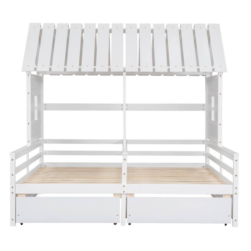Twin Size House Platform Beds with Two Drawers for Boy and Girl Shared Beds, Combination of 2 Side by Side Beds, Gray