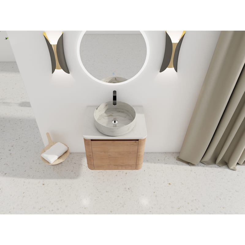 24'' Wall-Mounted Bathroom Vanity With Ceramic Art Sink & 1-Soft-Close Door,KD-Packing, Plywood