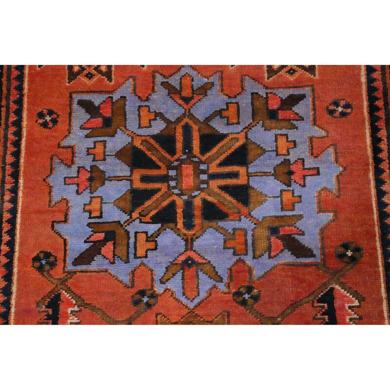 Hand Knotted Oriental 100% Wool Carpet Traditional Geometric Oranges & Rust Heriz Runner Rug - 9' 11'' X 3' 5''
