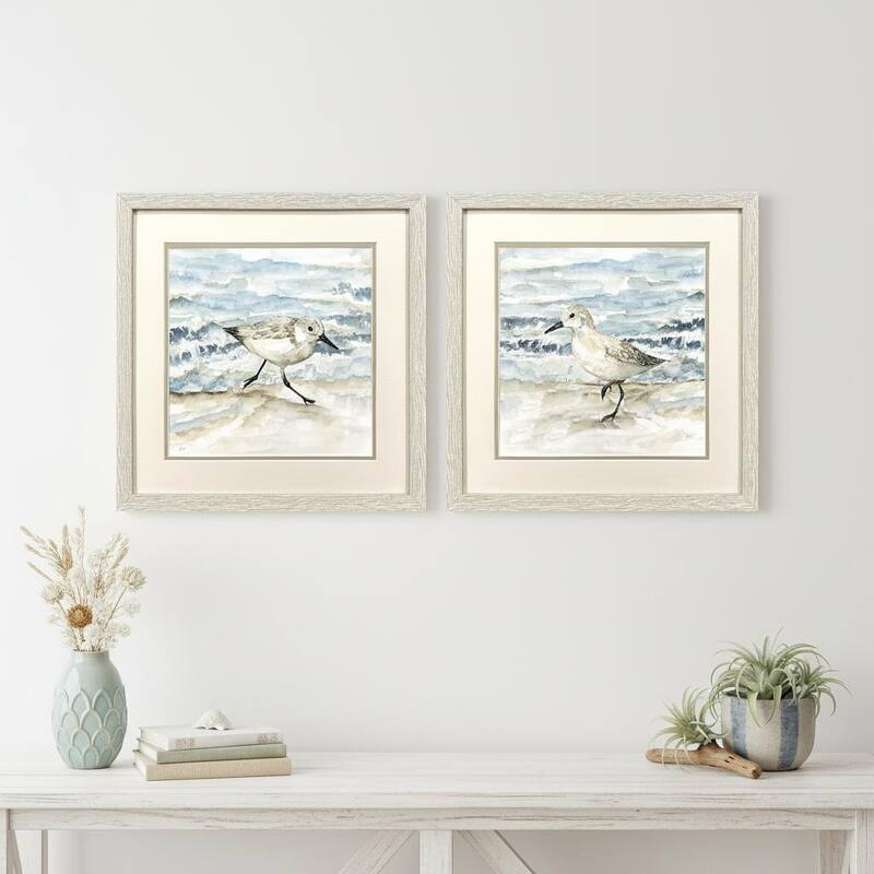 HomeRoots Set Of Two Beach Sandpipers Distressed White Framed Wall Art - 17.00 in. x 17.00 in. x 1.00 in.