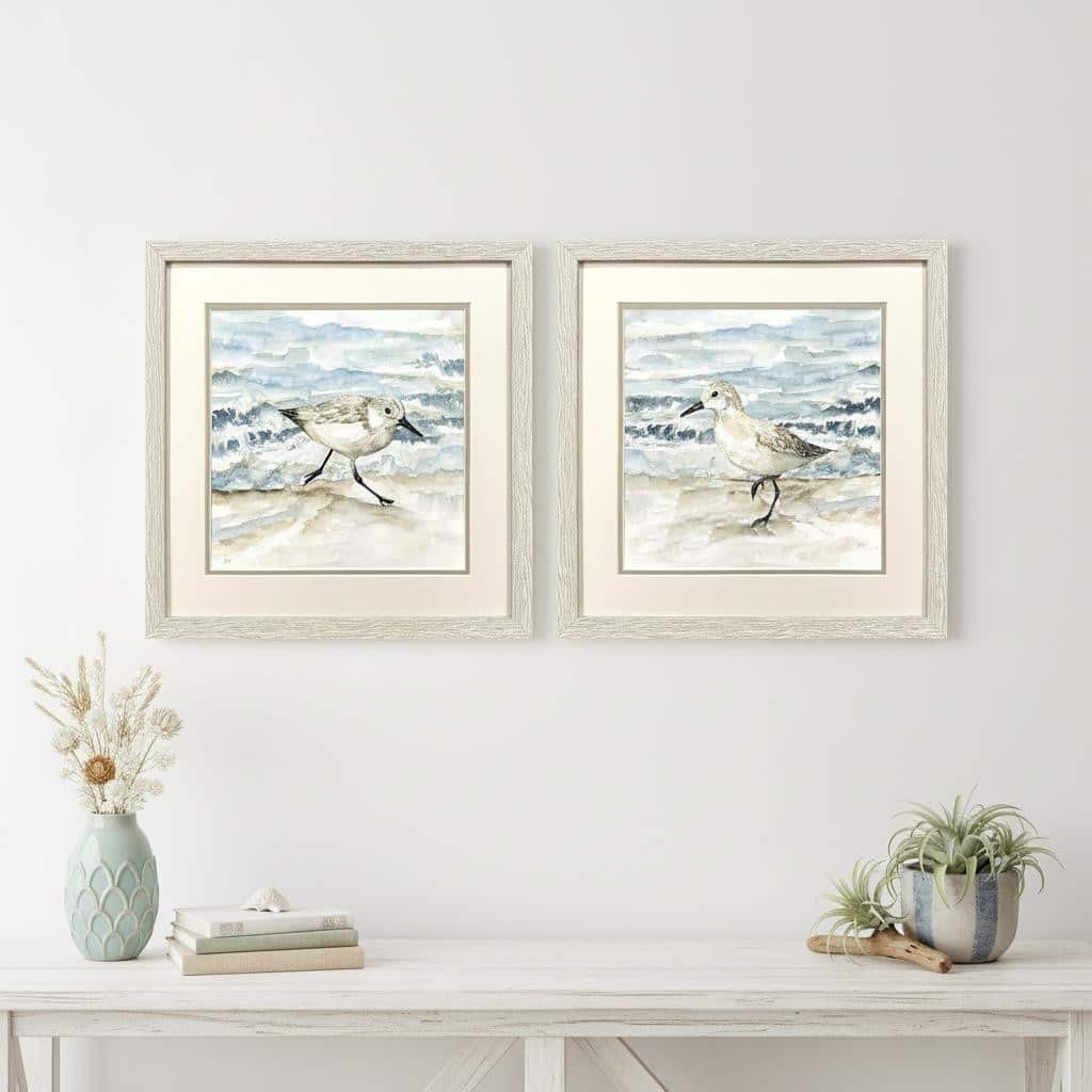 HomeRoots Set Of Two Beach Sandpipers Distressed White Framed Wall Art