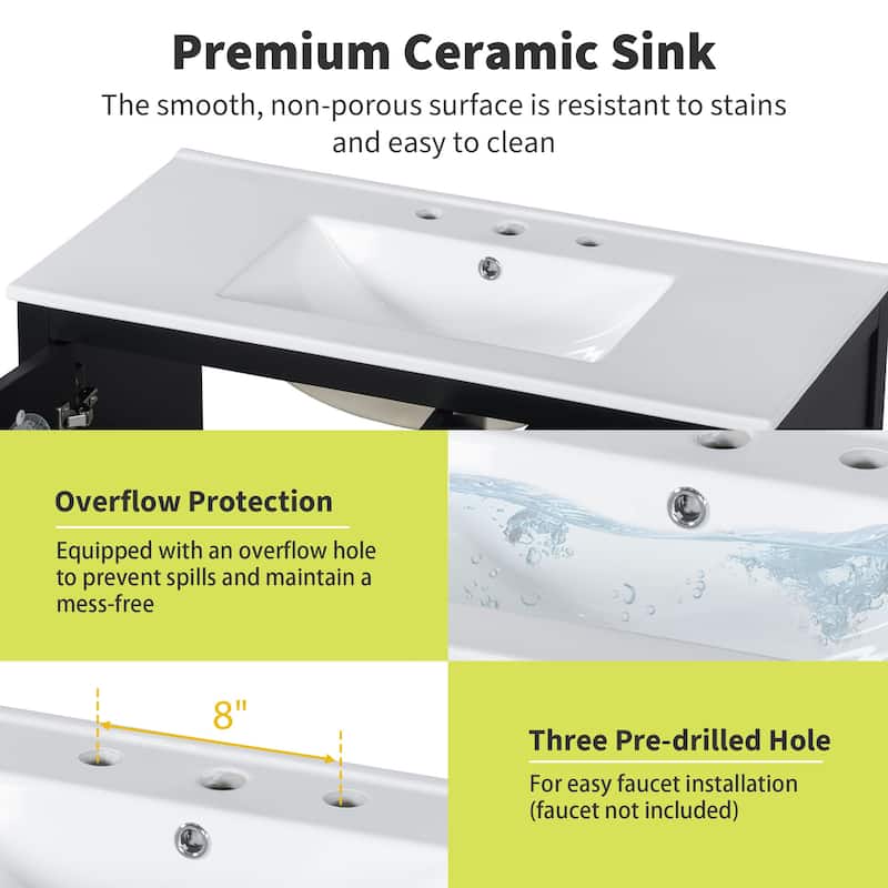 36" Freestanding Bathroom Vanity with Ceramic Sink, 2 Soft-Close Doors, 3 Drawers, Adjustable Shelves, Gold Handles