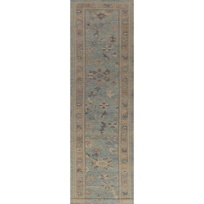 Hand Knotted Oriental 100% Wool Carpet Transitional Floral Navy Blue & Blues Oushak Runner Rug - 17' 2'' X 3' 4''