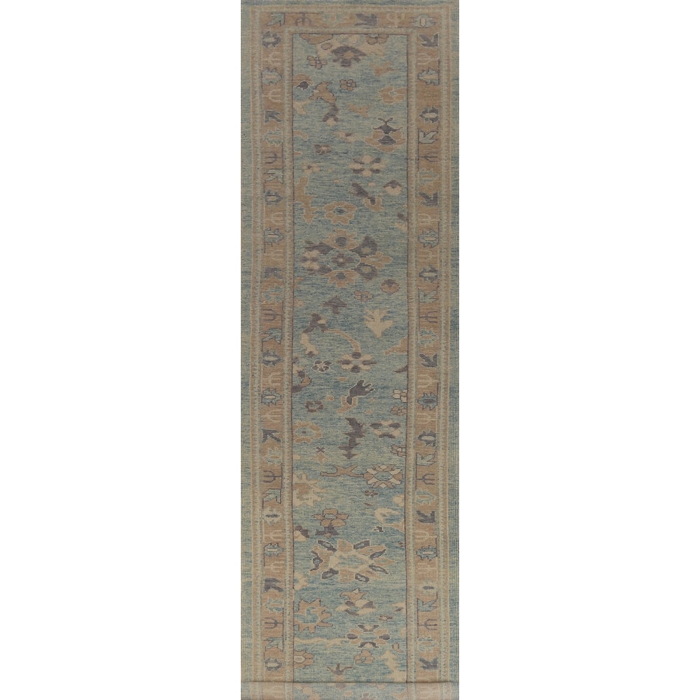 Hand Knotted Oriental 100% Wool Carpet Transitional Floral Navy Blue & Blues Oushak Runner Rug - 17' 2'' X 3' 4''