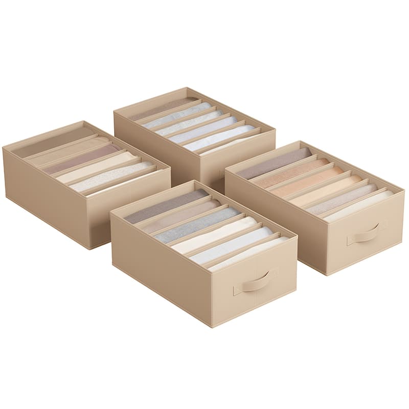 Closet Organizer Drawer Bins with 6 Compartment Dividers for Jeans Sweaters and Clothing Storage - Set of 4 - Sand Beige