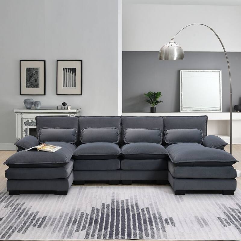 Modern U-shaped Sectional Sofa with Waist Pillows，Sleeper Sofa Couch with Chaise Lounge - Grey