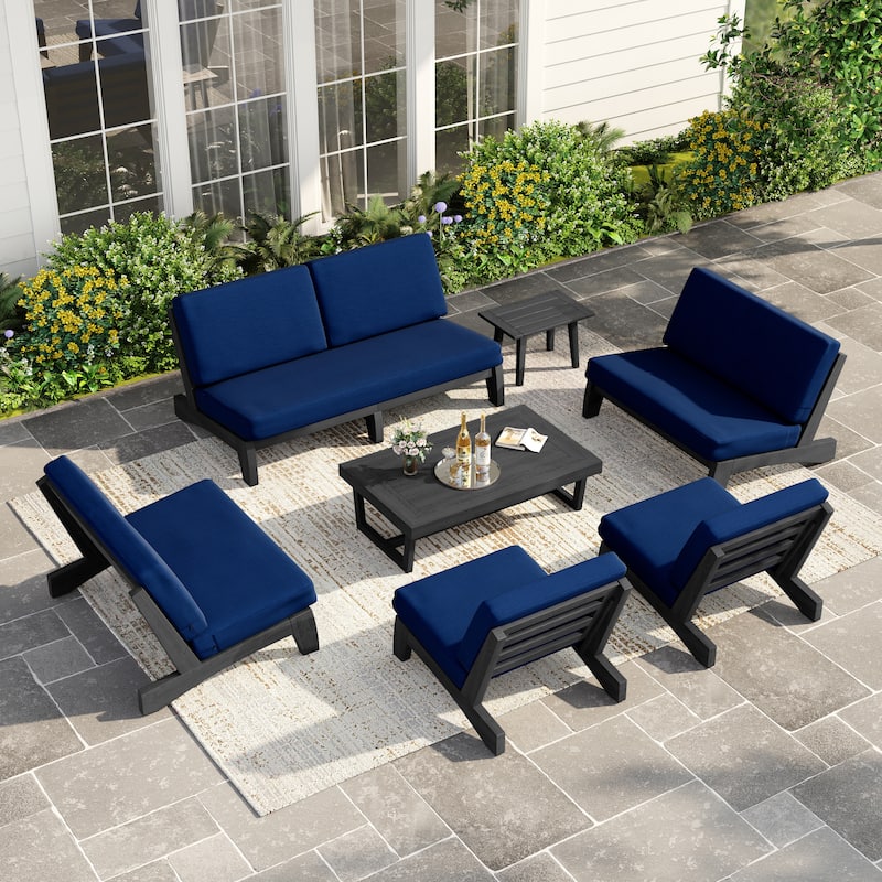 Casual Large Teak Outdoor Patio Conversation Set - Dark Wood - Navy-7 Piece