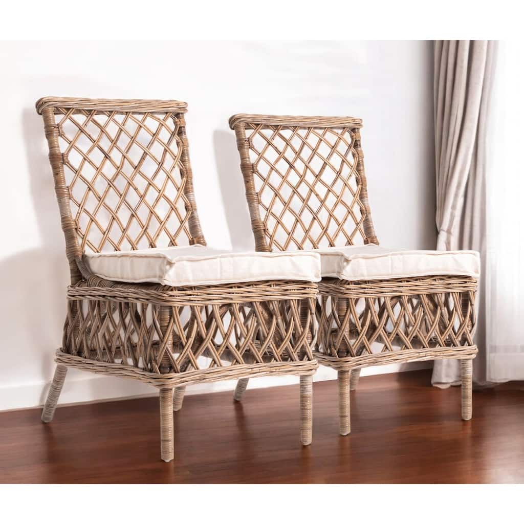 HomeRoots Set of Two Cream And Natural Rattan Cross Back Dining Parsons Chairs