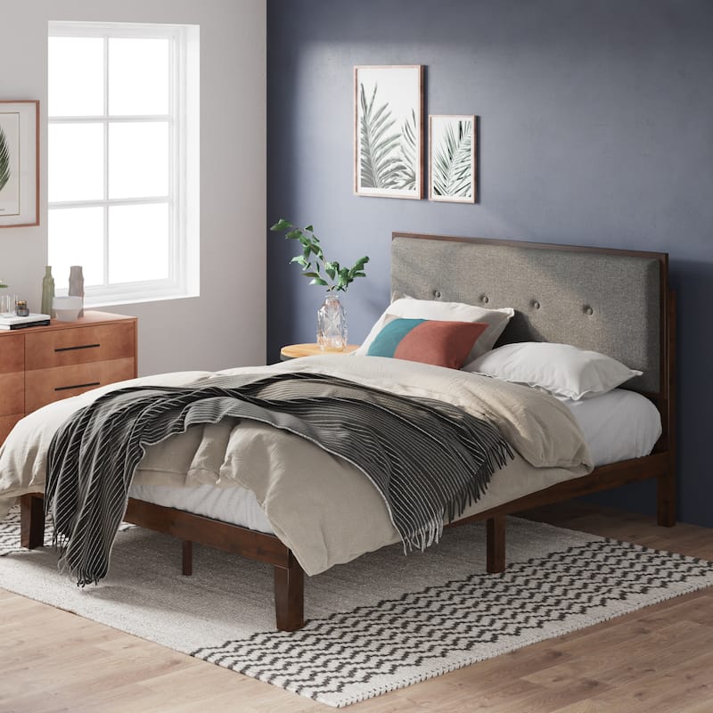 Priage by ZINUS Brown Wood Platform Bed Frame with Adjustable Upholstered Headboard - King
