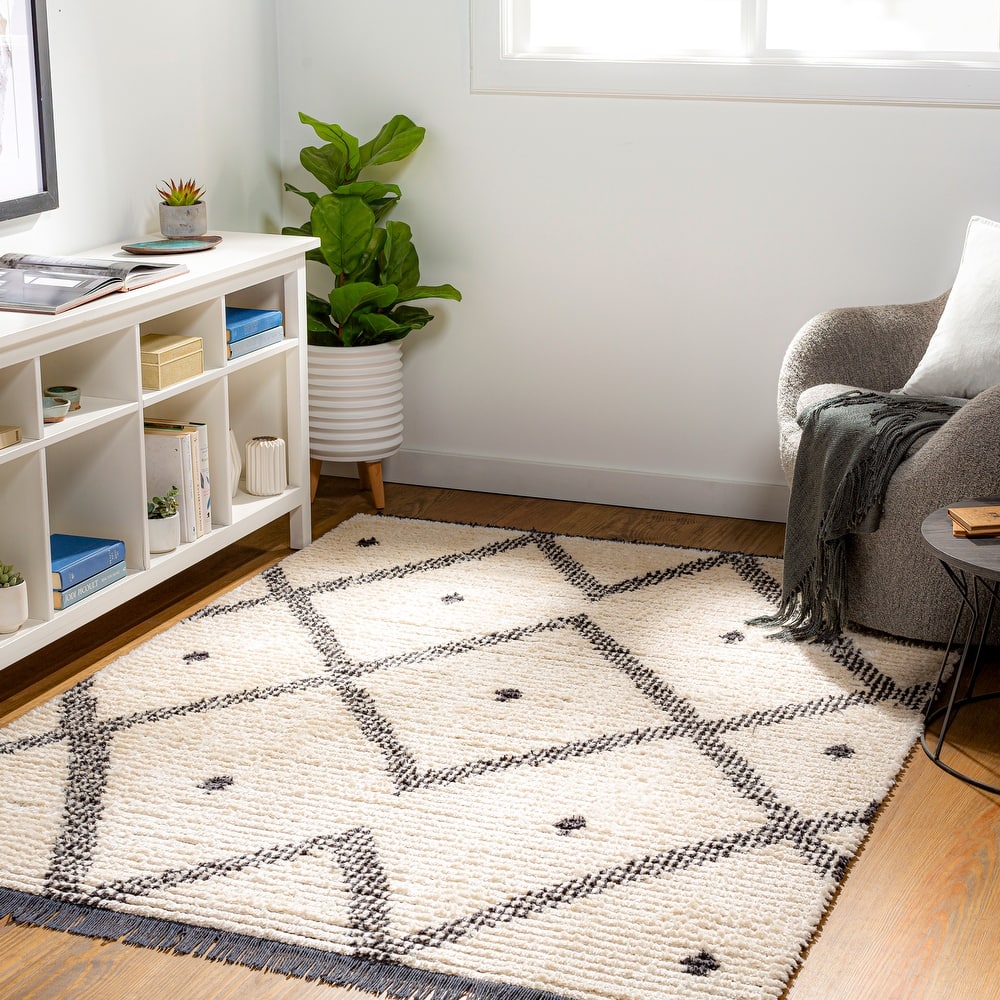 Livabliss Almaz Cream & Black Diamond Bohemian Area Rug