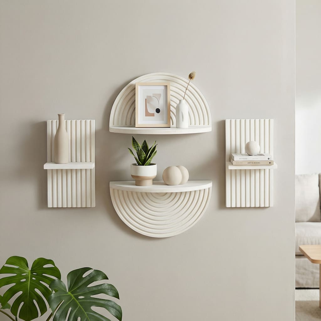 White Boho Arched Lunar Ledges 4-Piece Modular Wood Floating Wall Shelf Set with Fluted Design - 6.62" H x 11.75" L x 5" D