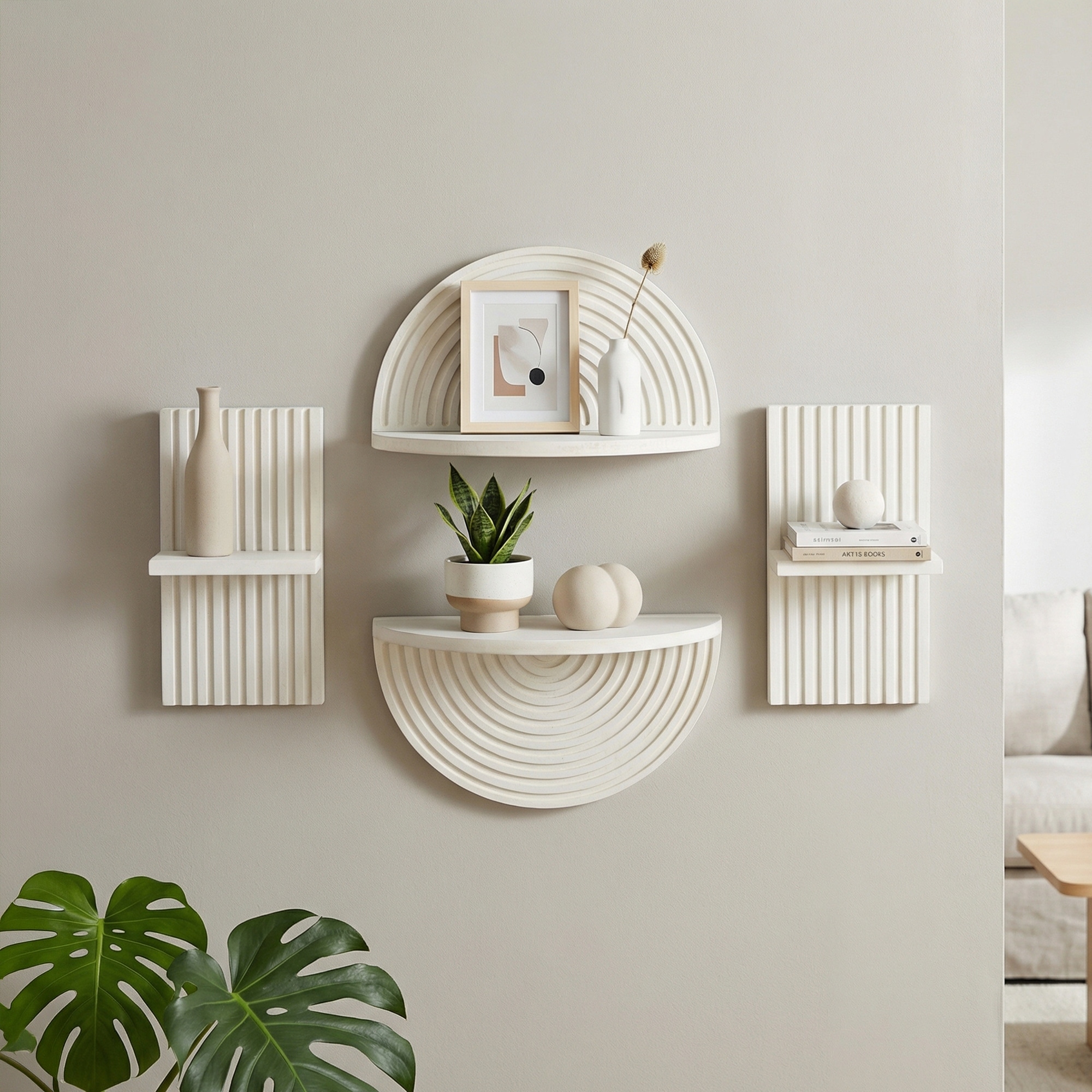 White Boho Arched Lunar Ledges 4-Piece Modular Wood Floating Wall Shelf Set with Fluted Design - 6.62" H x 11.75" L x 5" D