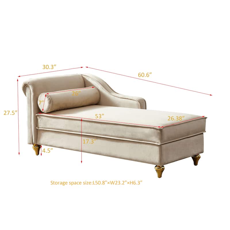 Modern 60.6" Velvet Upholstered Chaise Lounge Chair with Metal Legs and Storage