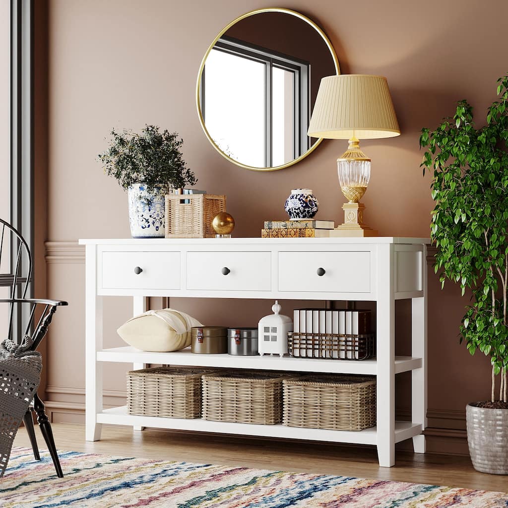 Retro Design Console Table with Two Open Shelves, Pine Solid Wood Frame and Legs