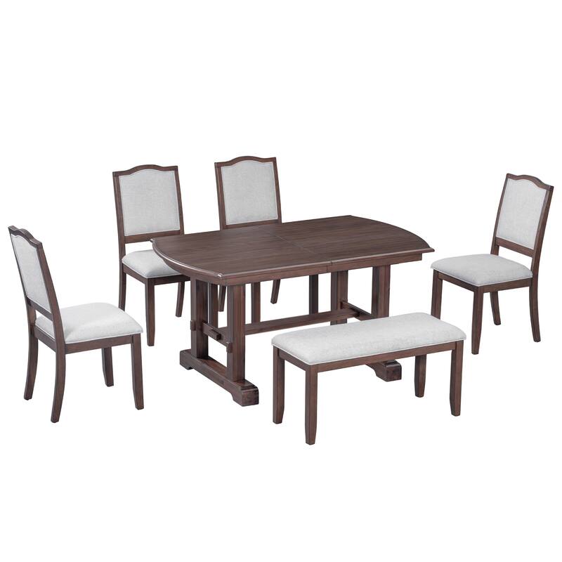 6 Piece Extendable Wood Dining Table Set w/ 4 Upholstered Chair,Bench