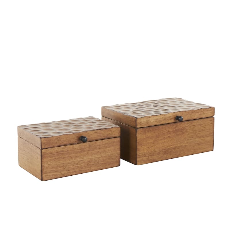 Wood Geometric Textured Concave Honeycomb Storage Decorative Box with Black Knobs - Set of 2 Brown - Roche River Decor