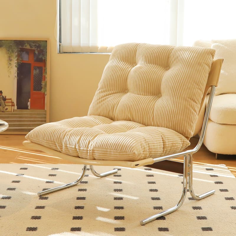 Modern Upholstered Accent Chair with Chrome Metal Frame for Living Room & Office - Cream