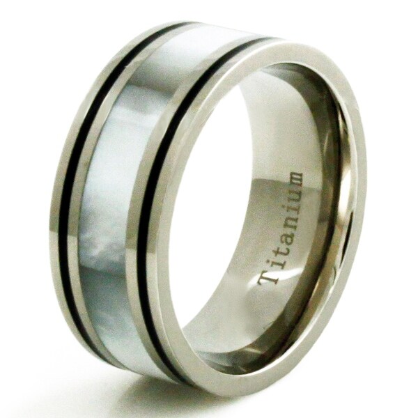 Titanium Luminescent White Shell Inlay Ring