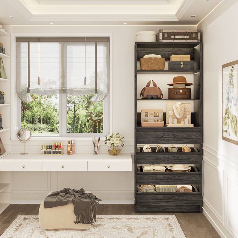 21.3" Storage Cabinet Bookshelf with Charging Station and 3 Wood Drawers, Freestanding Closet System with Storage Shelves