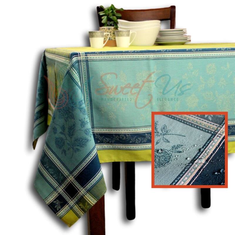 Wipeable Stain Resistant French Floral Croix Jacquard Tablecloth - 62 x 78 in - Blue Sky