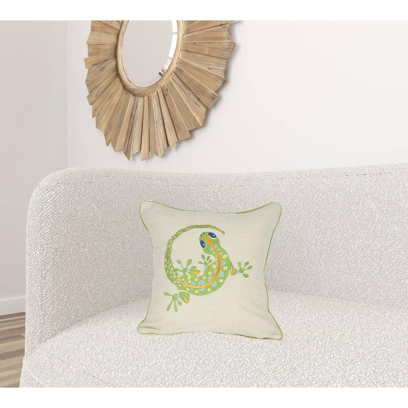 18"x18" Beige and Green Lizard Linen Blend Zippered Pillow With Embroidery