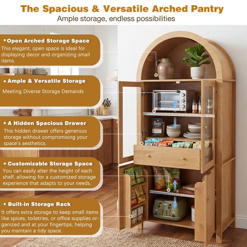 71" Tall Fluted Arched Pantry Cabinet with Glass Doors and Adjustable Shelves for Elegant Kitchen Storage