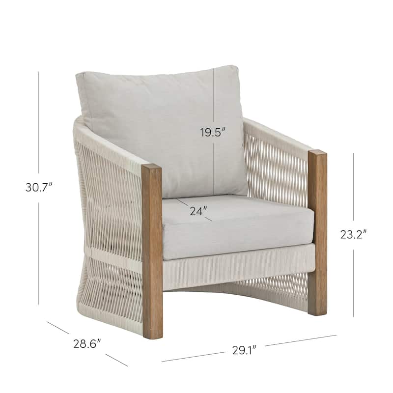 Jagger Farmhouse Patio Seating with Solid Acacia Wood Frame, Cushions, and Rope Accent