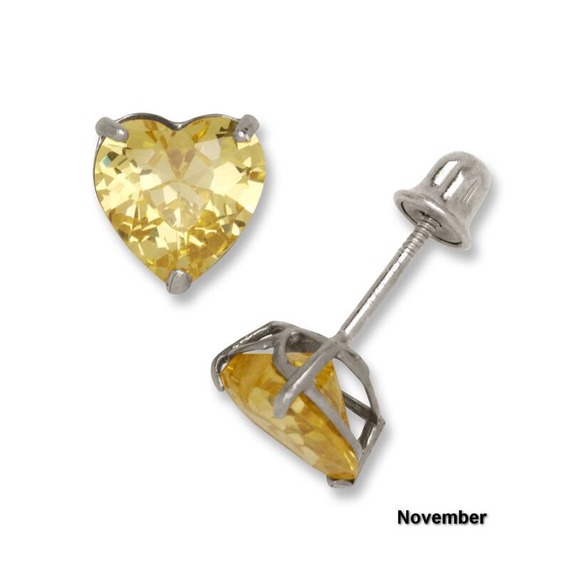 14K White Gold 6mm Heart-shaped Cubic Zircornia Birthstone Basket-Set Solitaire Screw-back Stud Earrings (12 colors)